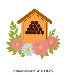 A beehive in the form of a house. A house for honey bees with combs. A beehive isolate.