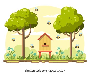 Beehive in green garden with swarm of bees. Vector illustration in modern cartoon style.