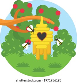 beehive hang on the fruit tree Concept, Bess with Honeycomb in Garden Vector Color Icon Design, Nature Lover Symbol, Heart in nature Stock illustration, Beautiful Landscape scenery Idea in Round Shape