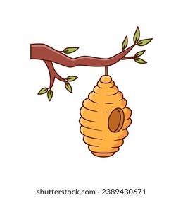 Beehive hanging on branch flat illustration