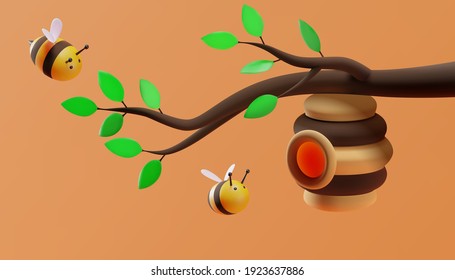 A beehive hanging on a branch. Sweet little bees flying. 3D illustration. Vector