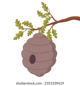 Colmena colgando de la rama del árbol. Caricatura de colmena de abejas, abejas enjambradas dentro de la colmena, ilustración vectorial plana de abejas. Abejas