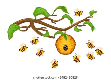 Beehive hanging on tree branch isolated on white background. Swarm of wild bees and hive. Cute honey bees and their yellow house in forest. Stock vector illustration