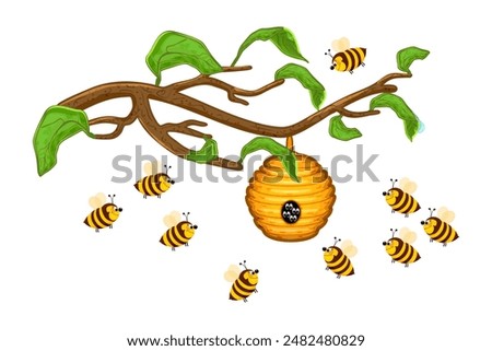 Beehive hanging on tree branch isolated on white background. Swarm of wild bees and hive. Cute honey bees and their yellow house in forest. Stock vector illustration