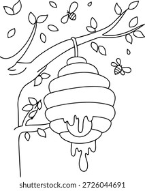 Colmena colgando de la rama de árbol con goteo de miel - Ilustración para colorear