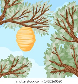Beehive hangs on a tree branch in the forest, a home for insect bees and wasps. Garden pattern. Vector cartoon flat style illustration.