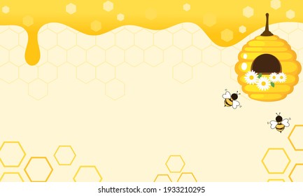 Colmena con células de rejilla hexagonal y dibujos de abejas sobre la ilustración del vector de fondo de miel.