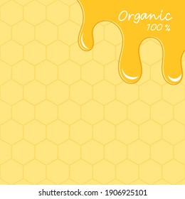 Beehive with hexagon grid cells, lettering and honey dip on yellow background vector illustration.