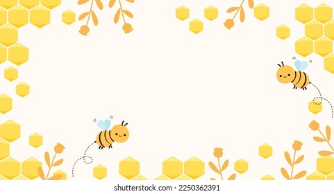 Beehive honey background with hexagon grid cells, bee cartoons and plant on yellow background vector illustration.