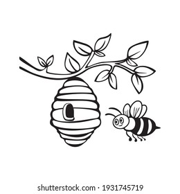 Colmena con miel de abeja, vector de abeja de burbujas