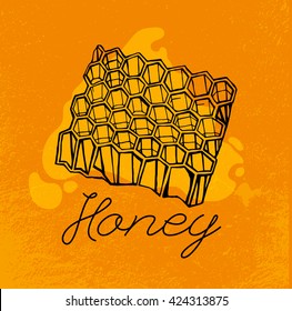 Beehive and honey. Hand drawn artistic image. Editable vector illustration in unique style on a textured background in black, yellow and orange colors. I like honey concept