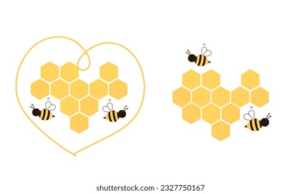 Beehive honey with hexagon grid cells, hand drawn heart line and bee cartoons signs isolated on white background vector.