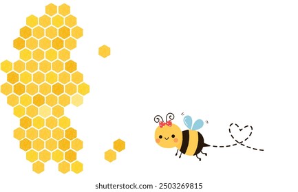 Bienenhonig mit hexagonalen Gitterzellen und niedlichem Bienencartoon-Symbol, einzeln auf weißem Hintergrund, Vektor.