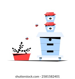 Beehive With Honey Jars And Bees In Flat Vector Illustration Symbolizing Beekeeping, Pollination, And Honey Production, Isolated On White Background.