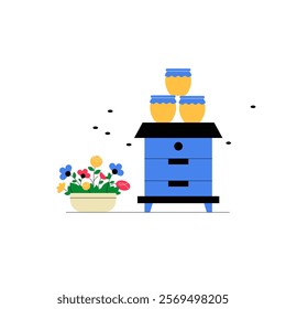 Beehive With Honey Jars And Flowers In Flat Vector Illustration Symbolizing Beekeeping, Nature, And Honey Production, Isolated On White Background.