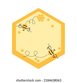 Etiqueta de miel de colmena con forma hexagonal, dibujos de abejas aislados en ilustración vectorial de fondo blanco.