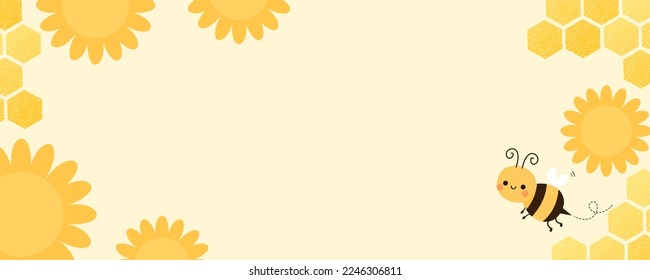 Beehive honey sign banner with hexagon grid cells, sunflower and cute bee cartoon on yellow background vector illustration.