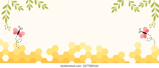 Beehive honey sign banner with hexagon grid cells, green branches and butterfly cartoons on yellow background vector illustration. 