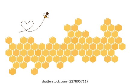 Señal de miel de abejorra y caricatura de abeja con línea de puntos cardíacos aislada en ilustración vectorial de fondo blanco.