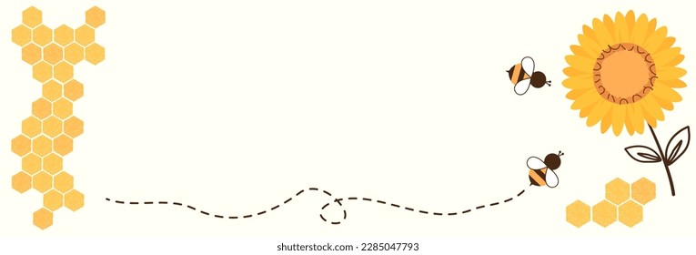 Beehive honey sign, bee cartoons, sunflower on yellow background vector illustration.