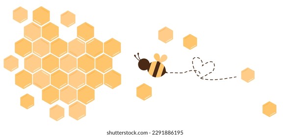 Beehive honey sign with bee cartoons and heart dot line isolated on white background vector illustration.