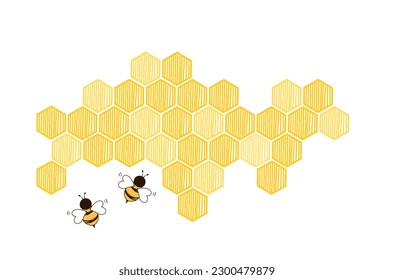 Beehive honey sign and bee cartoons isolated on white background vector illustration.