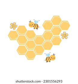 Beehive honey sign with bee cartoons and flower isolated on white background vector illustration.