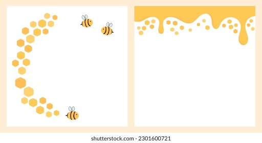 Beehive honey sign with bee cartoons and honey drops on white backgrounds vector illustration.