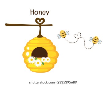 Dibujo de abejas con miel de abeja y dibujos animados de abejas con un icono de línea de puntos cardíacos aislado en ilustración vectorial de fondo blanco.