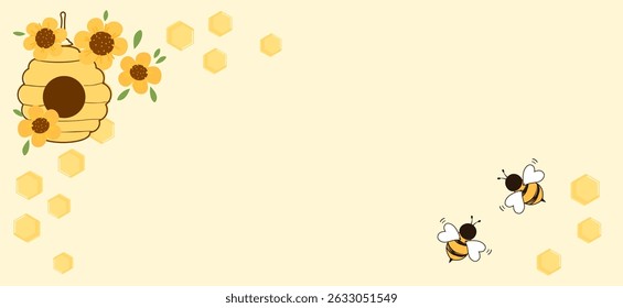 Beehive honey sign with bee house, flower, bee cartoons and hexagon shape on yellow background vector.