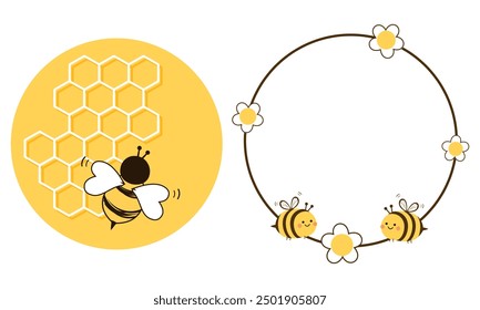 Honigschild aus Bienenstock, süße Blumen- und Bienencartoons auf Kreissymbol einzeln auf weißem Hintergrund, Vektor.