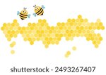 Beehive honey sign with hexagon grid cells and bee cartoons icon isolated on white background vector.