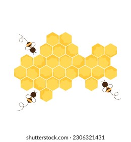 Beehive honey sign with hexagon grid cells and bee cartoons isolated on white background vector illustration.