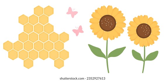 Señal de miel de abejorra con células de rejilla hexagonal, caricaturas de mariposa e icono de girasol aislado en ilustración vectorial de fondo blanco.