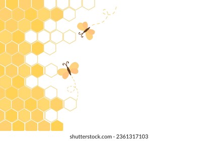 Beehive honey sign with hexagon grid cells and butterfly cartoons on white background vector.