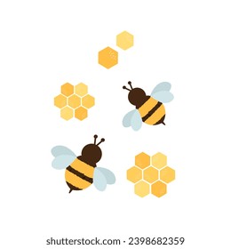 Beehive honey sign with hexagon grid cells and bee cartoons icon sign isolated on white background vector.