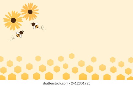 Beehive honey sign with hexagon grid cells, bee cartoons and sunflower on yellow background vector illustration.