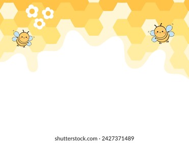 Beehive honey sign with hexagon grid cells, daisy flower and bee cartoons on yellow background vector illustration.