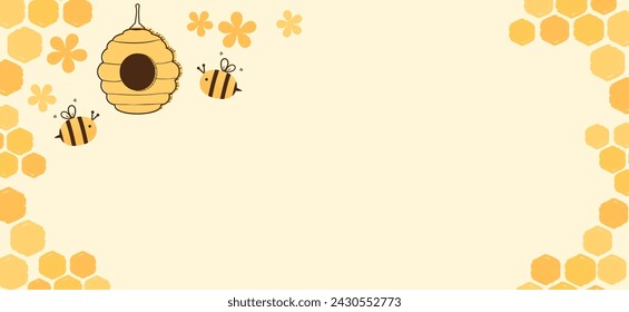 Beehive honey sign with hexagon grid cells, bee cartoons, bee house and cute flower on yellow background vector.