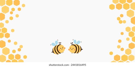 
Beehive honey sign with hexagon grid cells and cute bee cartoons on white background vector.