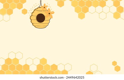 Signo de miel de abeja con celdas de cuadrícula hexagonal e ícono de casa de abeja sobre Vector de fondo amarillo.