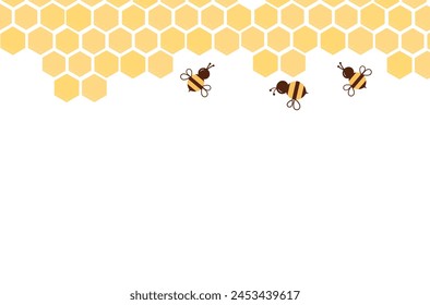 Beehive honey sign with hexagon grid cells and bee cartoon on white background vector.