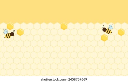 Beehive honey sign with hexagon grid cells and bee cartoons on yellow background vector.