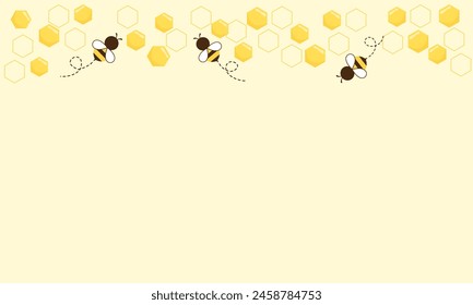 Beehive honey sign with hexagon grid cells and bee cartoons on yellow background vector.  