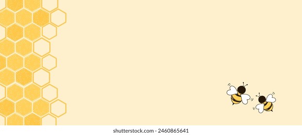 Beehive honey sign with hexagon grid cells and bee icon on yellow background vector.