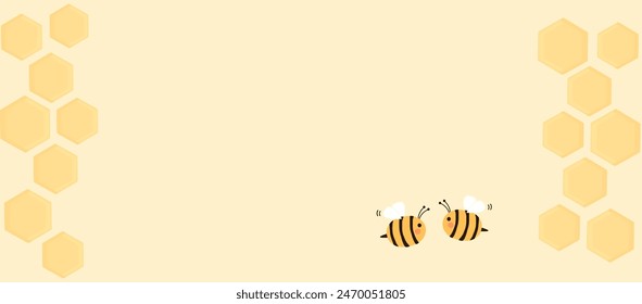 Beehive honey sign with hexagon grid cells and bee cartoons on yellow background vector.