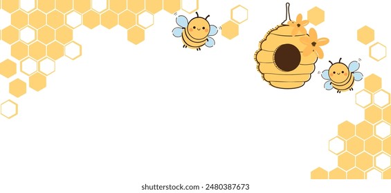 Señal de miel de abeja con celdas de cuadrícula hexagonal, dibujos animados de abeja y casa de abeja sobre Vector de fondo blanco.