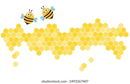 Beehive honey sign with hexagon grid cells and bee cartoons icon isolated on white background vector.