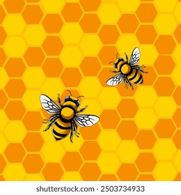 Signo de la miel de la colmena con las células de la rejilla del hexágono y los dibujos animados de la abeja aislados en la Ilustración vectorial blanca del fondo.