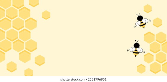 Signo de miel de colmena con celdas de cuadrícula hexagonal y dibujos animados de abejas en Vector de signo amarillo.